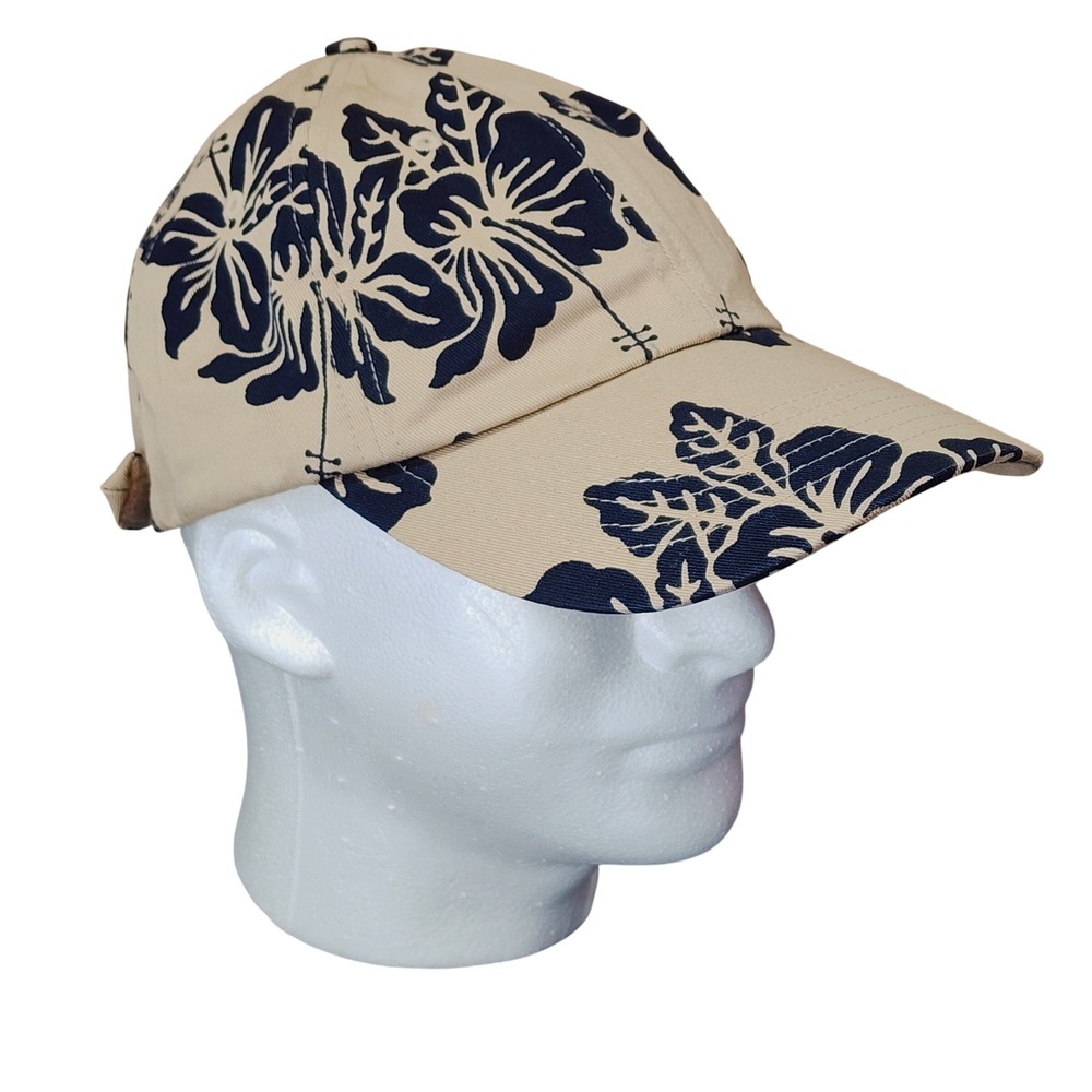 Dorfman Pacific Cap OSFm Tan Black Hibiscus Tropical Floral Cotton‎ Baseball Hat